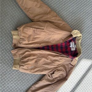 Tan Bomber Jacket with Plaid Lining
